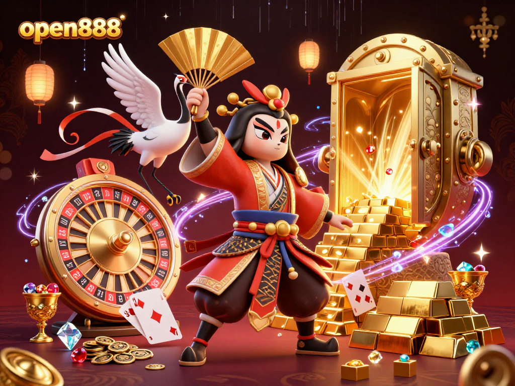 Join the action at open888 with a kabuki warrior victory scene filled with jewels and casino thrills.