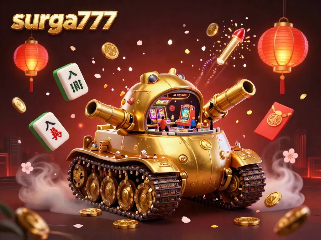 Experience excitement with surga777 in this bustling 3D casino illustration featuring a golden beetle tank and festive game elements.