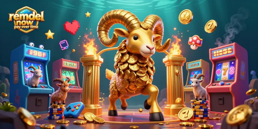 Experience remodel now pay over time with golden ram charging through a vibrant casino scene.