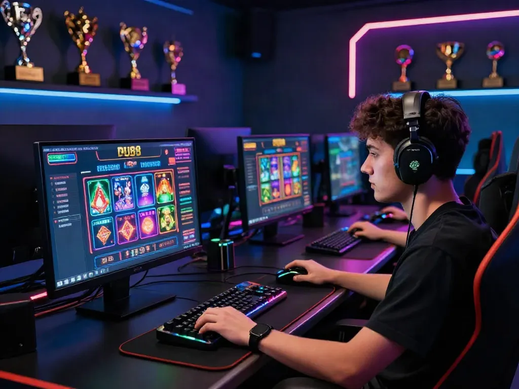 Intense player engaging with du88 online casino, vibrant gaming setup with neon lights.