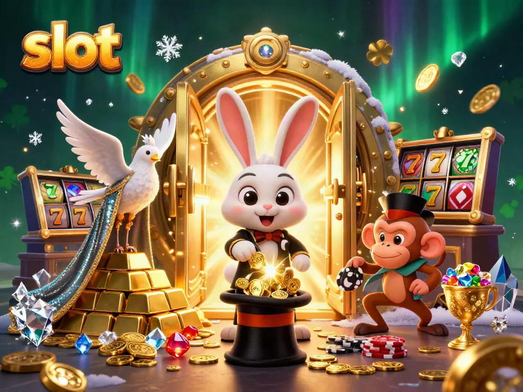 Slot berburu kemenangan dengan karakter sihir, koin emas, dan simbol slot yang menggiurkan