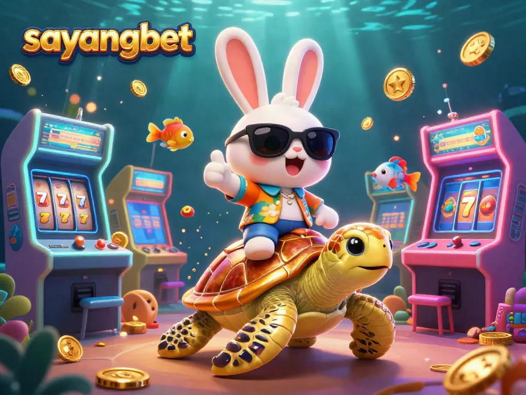 Experience the thrill of winning at Sayangbet with a lucky rabbit and golden turtle in vibrant casino illustration.