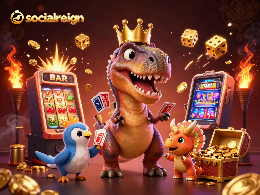 Engage in thrilling action at socialreign with an exciting casino scene depicting cartoon characters in a vibrant gambling environment.