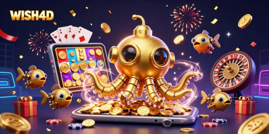 Join the fun at WISH4D with a vibrant 3D illustration showcasing exciting slot games and golden treasures.