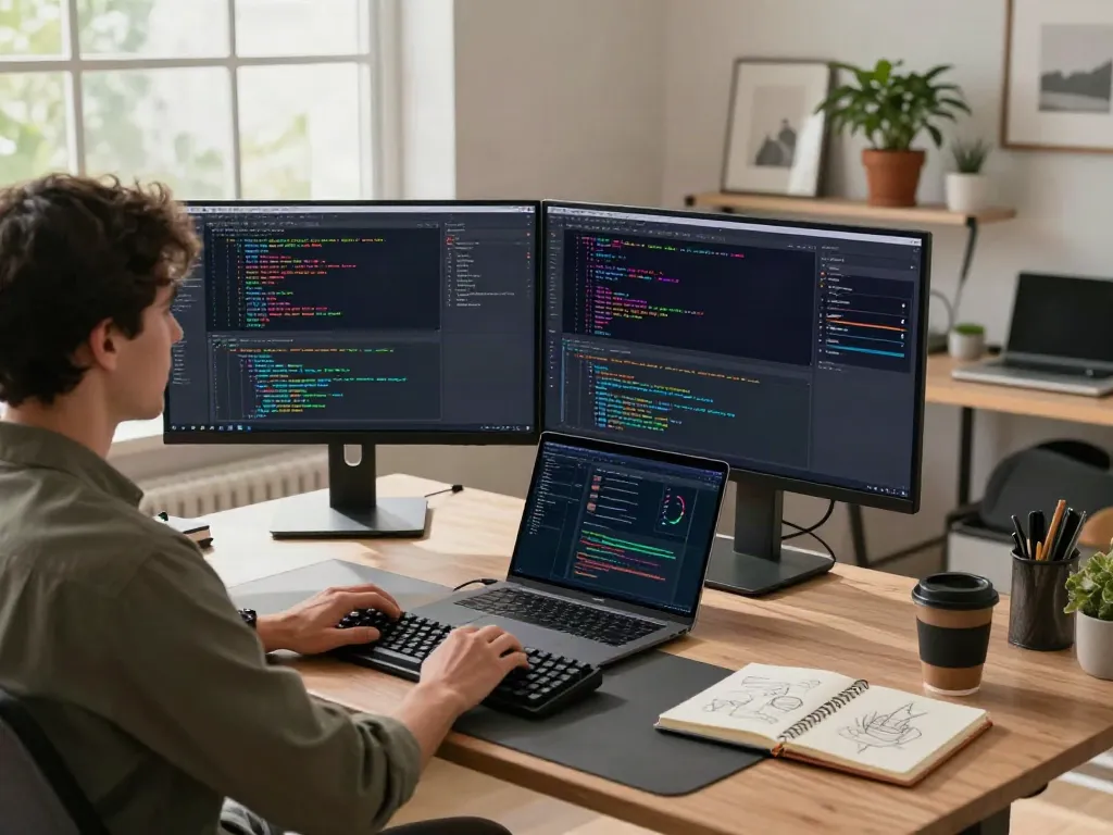 v2rayN官网 developer coding in a modern workspace with dual monitors and plant decor