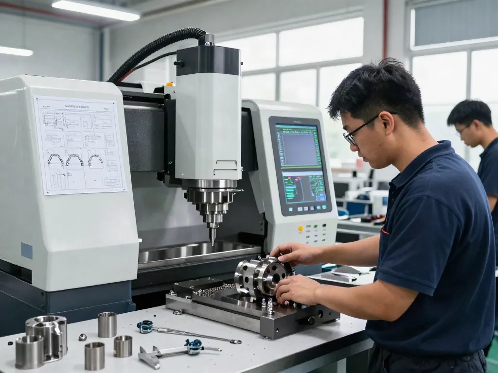 cnc machining parts manufacturer with technicians operating precision machines in a manufacturing workshop