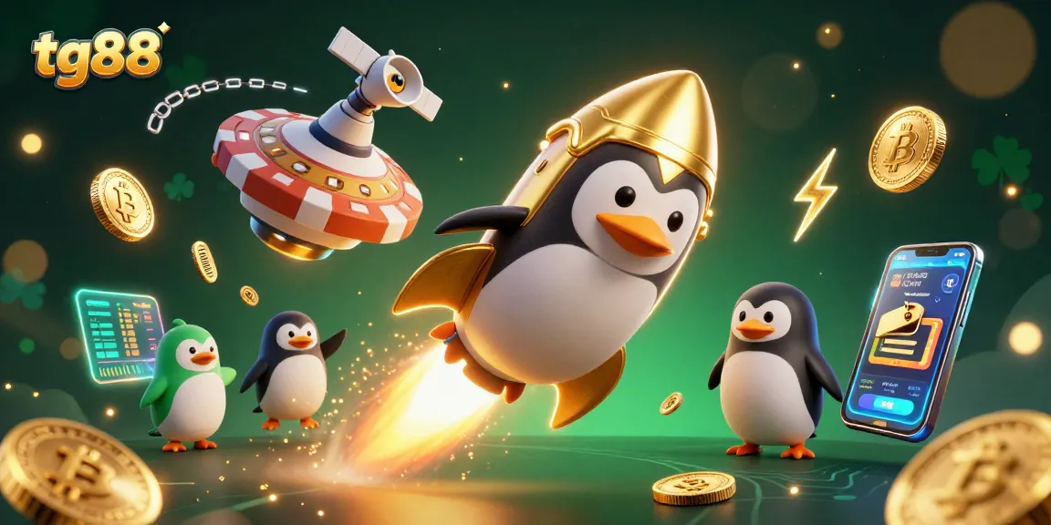 Engage with tg88's thrilling gaming experience featuring a golden penguin and vibrant crypto elements.