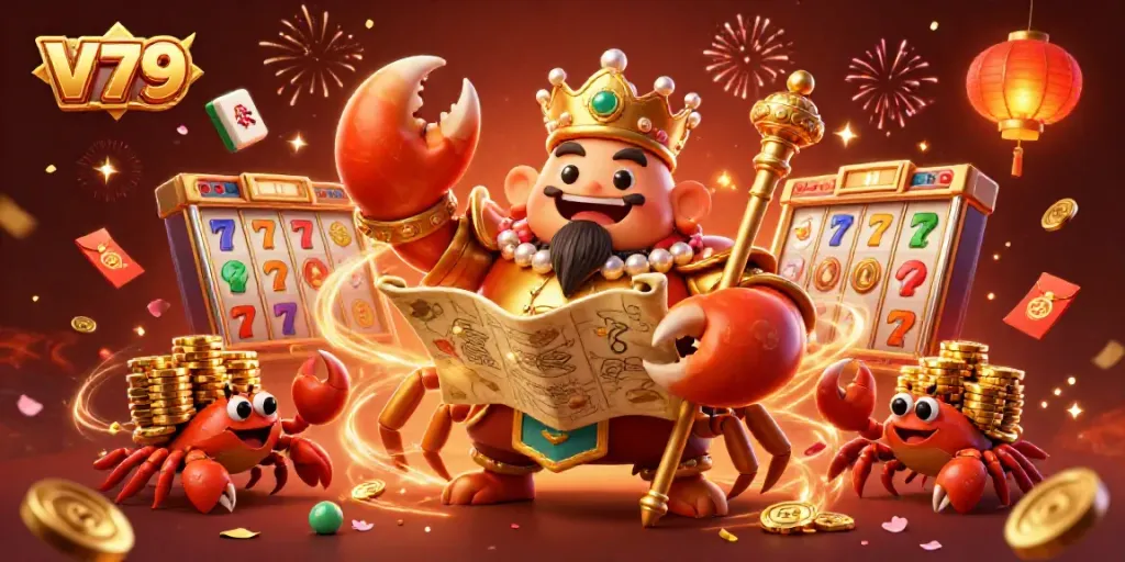 Experience V79's thrilling slots with a golden crab emperor amidst dynamic jackpot elements.