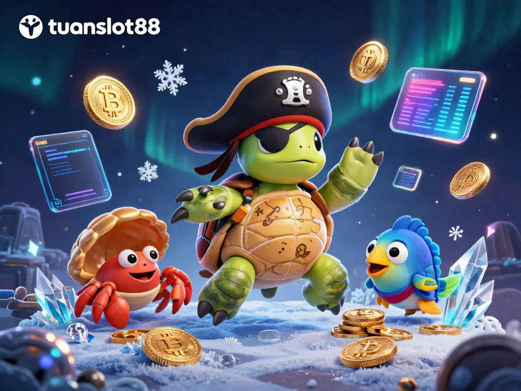 Permainan slot di tuanslot88 memperlihatkan penyu kartun dengan harta karun yang dikelilingi mata uang kripto.