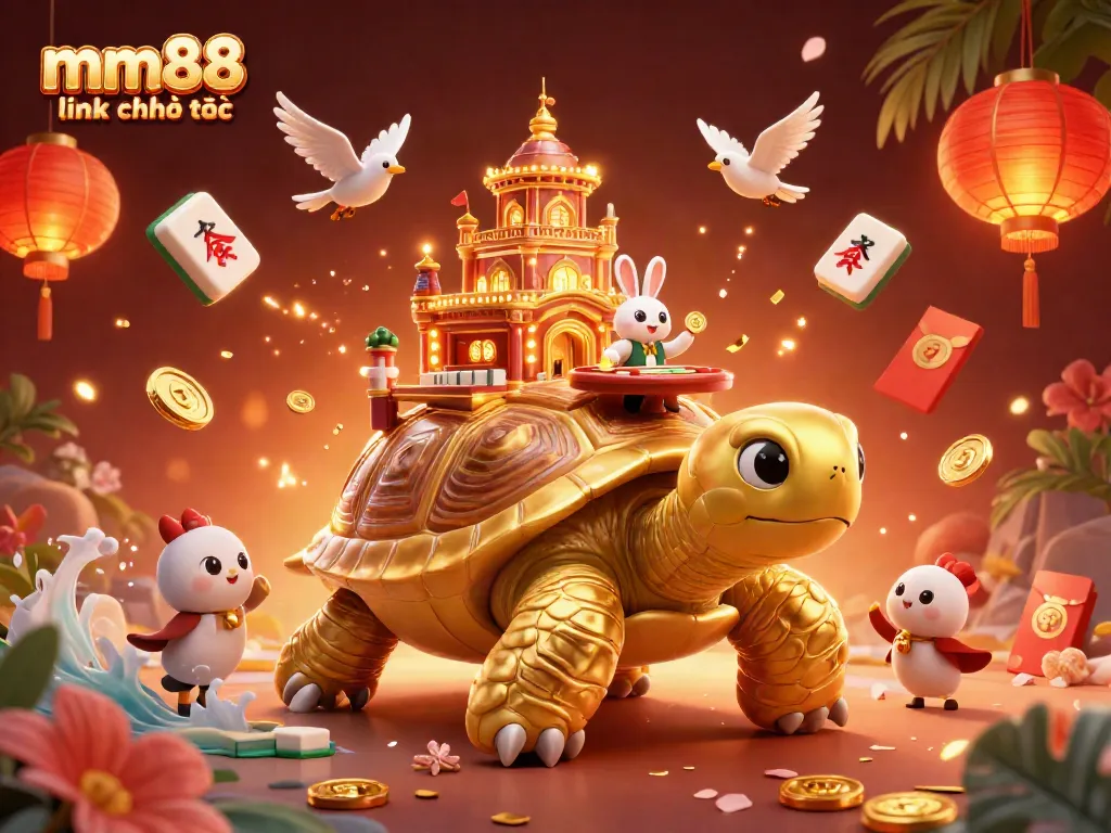 Experience the excitement with mm88 link chính thức in a vibrant casino scene with a golden tortoise and rabbit dealer.