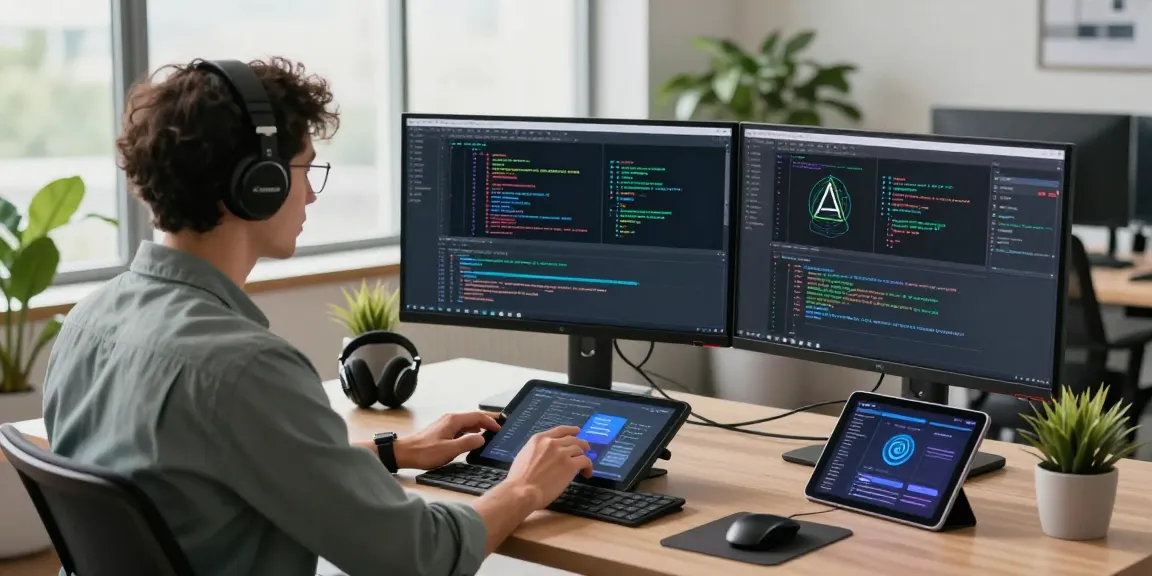 Discover AI tools in action as a developer codes within a vibrant tech workspace, surrounded by modern gadgets and ambient lighting.