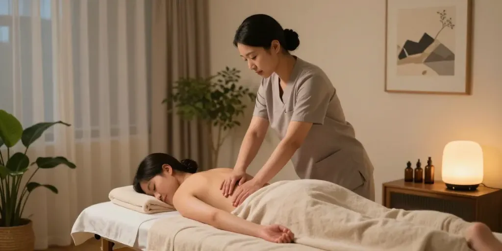 Professional massage session showcasing 용산출장안마 in a serene apartment with soothing decor and atmosphere.