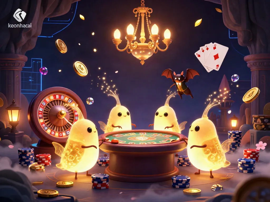 Watch keonhacai lights up a vibrant cave casino with glowing worm elements, coins, and poker chips.