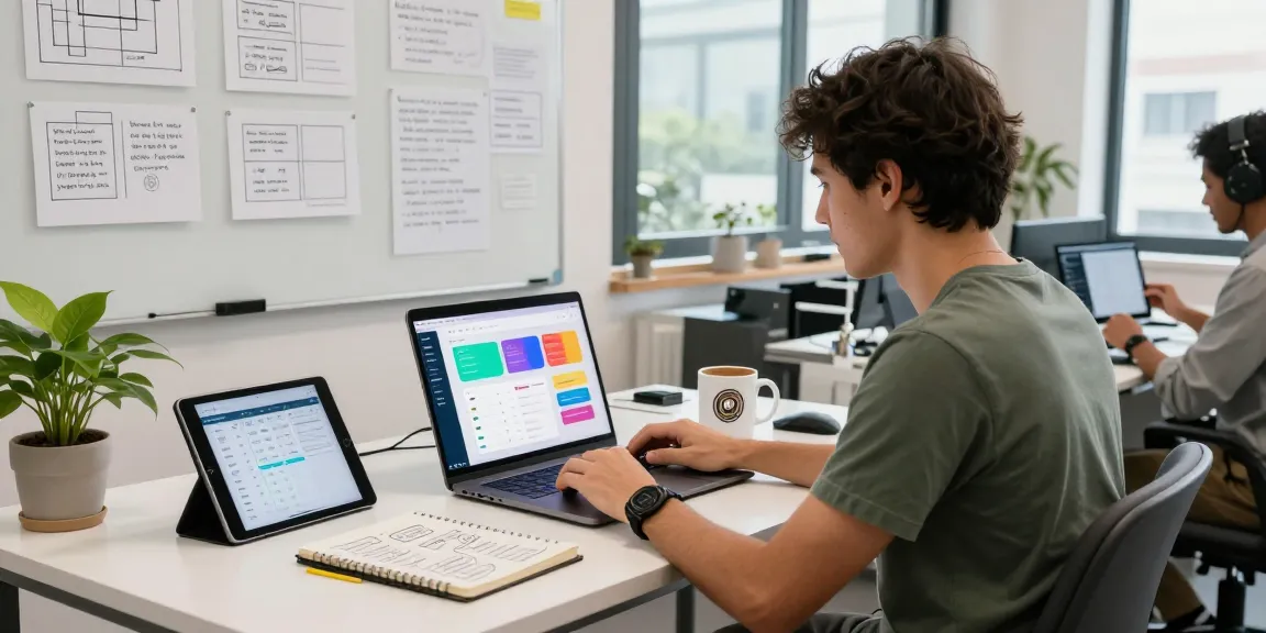 MVP development service workspace with a founder working on UI/UX designs alongside brainstorming notes.