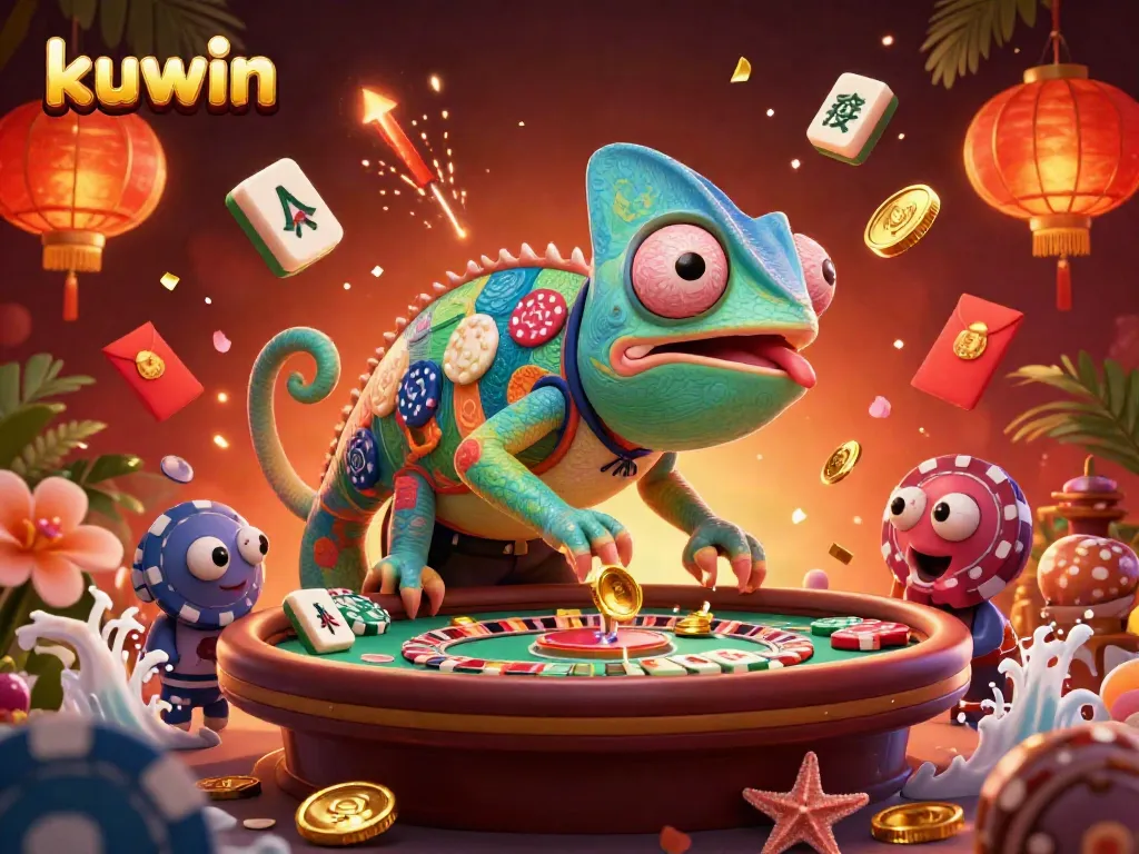 Kuwin chameleon casino owner captures golden coins in a vibrant, dynamic casino scene.