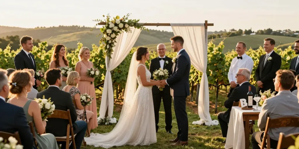 Hunter Valley wedding photography capturing a couple's emotional vows in a vineyard setting.