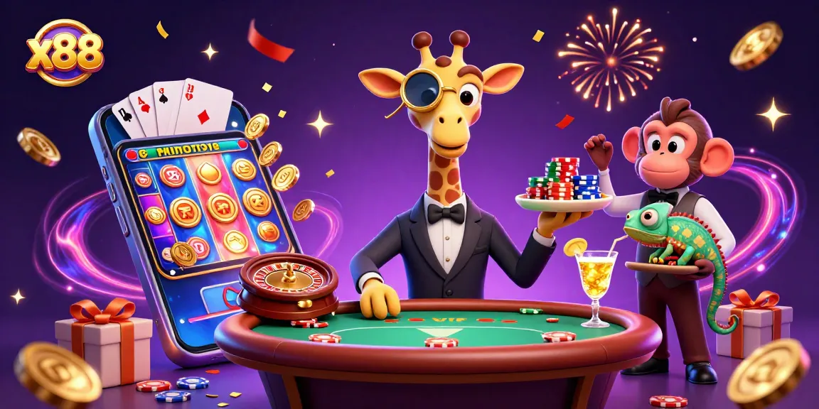 x88's vibrant casino scene with a high-roller giraffe, monkey valet, and chameleon bartender, celebrating gaming success.