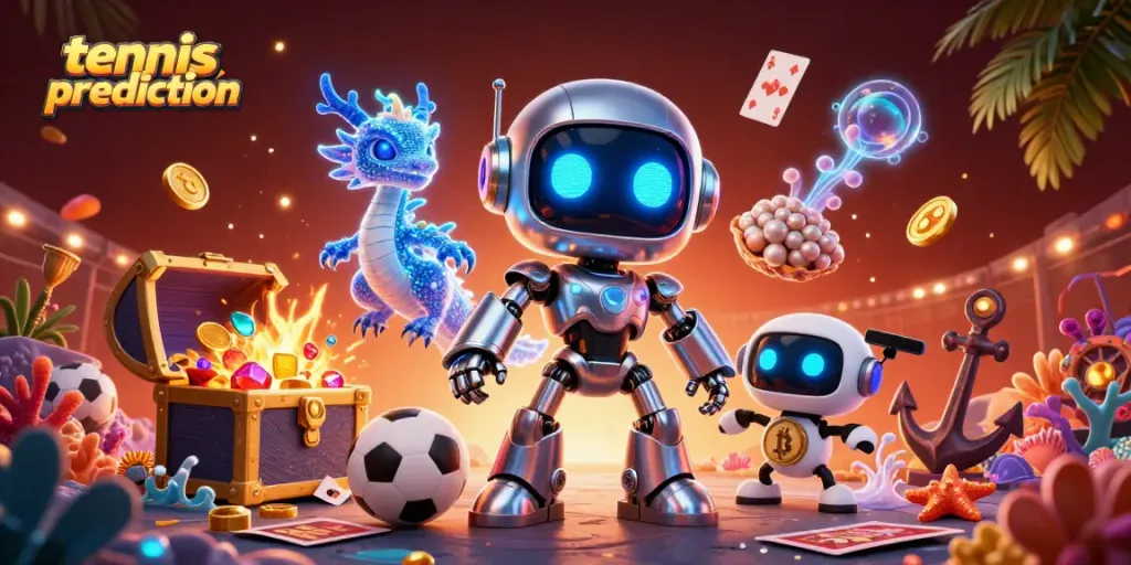 Tennis prediction betting strategies illustrated with a neon-themed robot, AI dragon, and sports symbols.