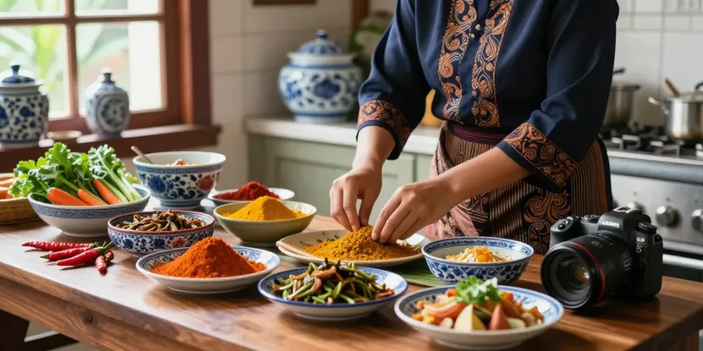 Nyonya4D cooking scene showcasing vibrant ingredients and Peranakan culture.