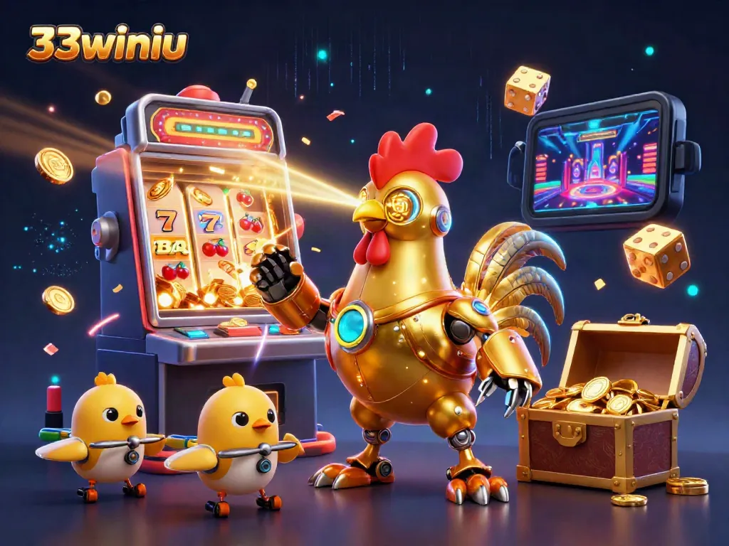 Plunge into the 33winiu casino adventure with a golden rooster robot amidst a thrilling jackpot explosion!