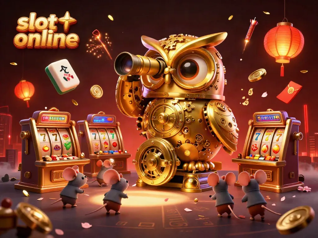 Engage with captivating slot online experiences alongside a golden owl and brass mice in vibrant casino scenery.