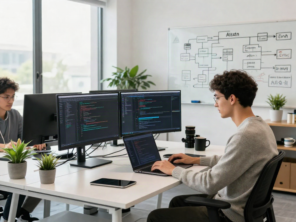 AI Detector research team working in a modern digital workspace with monitors displaying coding and AI detection methods.