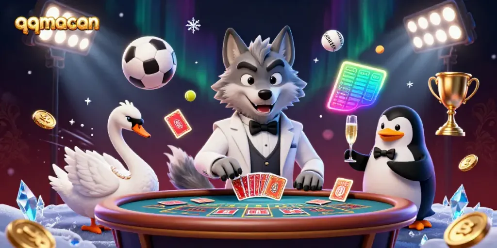 Experience the thrill of qqmacan with a debonair wolf, elegant swan, and sophisticated penguin in a vibrant casino scene.