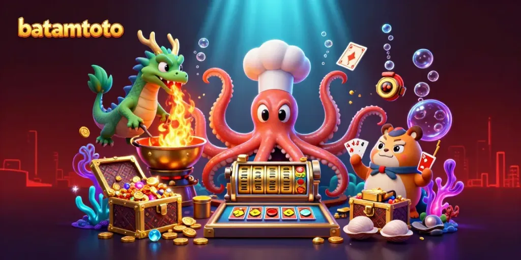 Engage in vibrant batamtoto action with a sushi chef octopus, dragon, and tanuki in a casino scene.