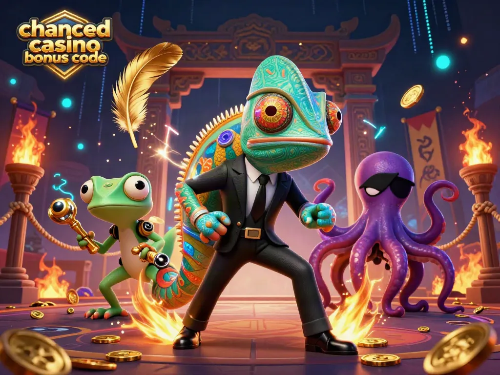 Engage with the chanced casino bonus code in an exciting 3D illustration full of vibrant casino elements.