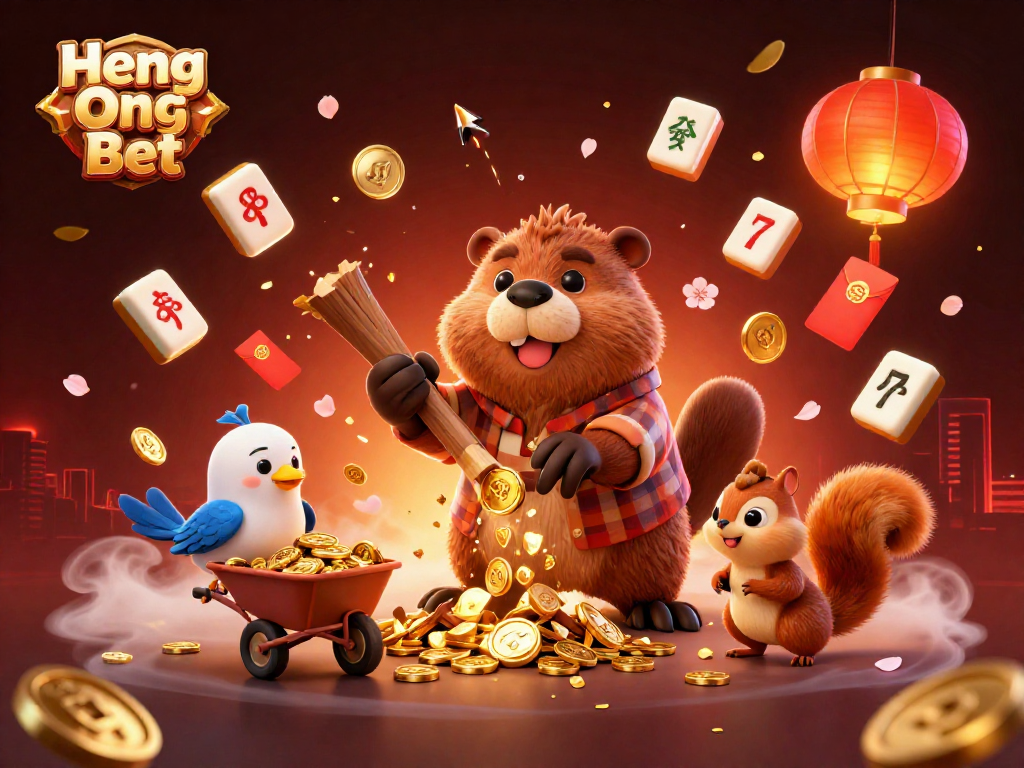 Experience the thrill of Heng Ong Bet as our beaver collects coins in a vibrant casino scene.