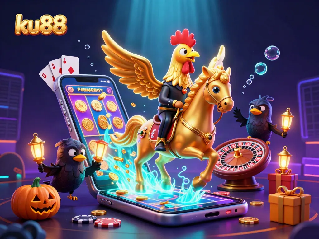 ku88 offers exhilarating slot games with golden coins flying around a vibrant casino scene.