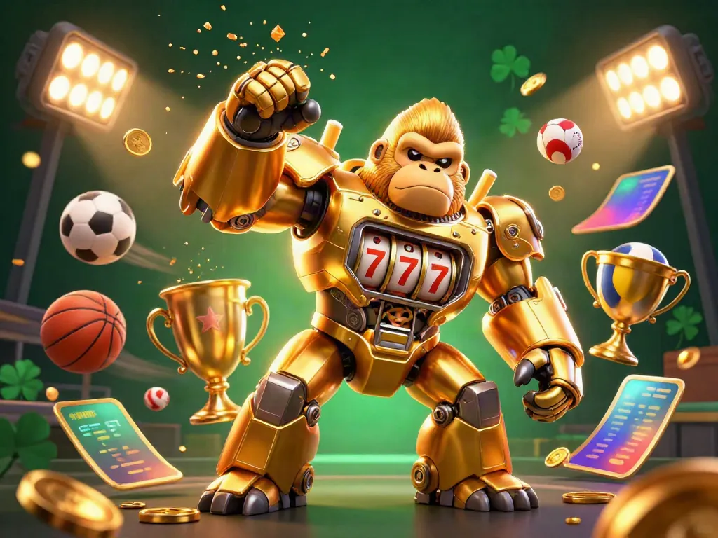 Engage with QQ1221 gameplay action featuring a dynamic golden gorilla mech bursting with winning symbols.