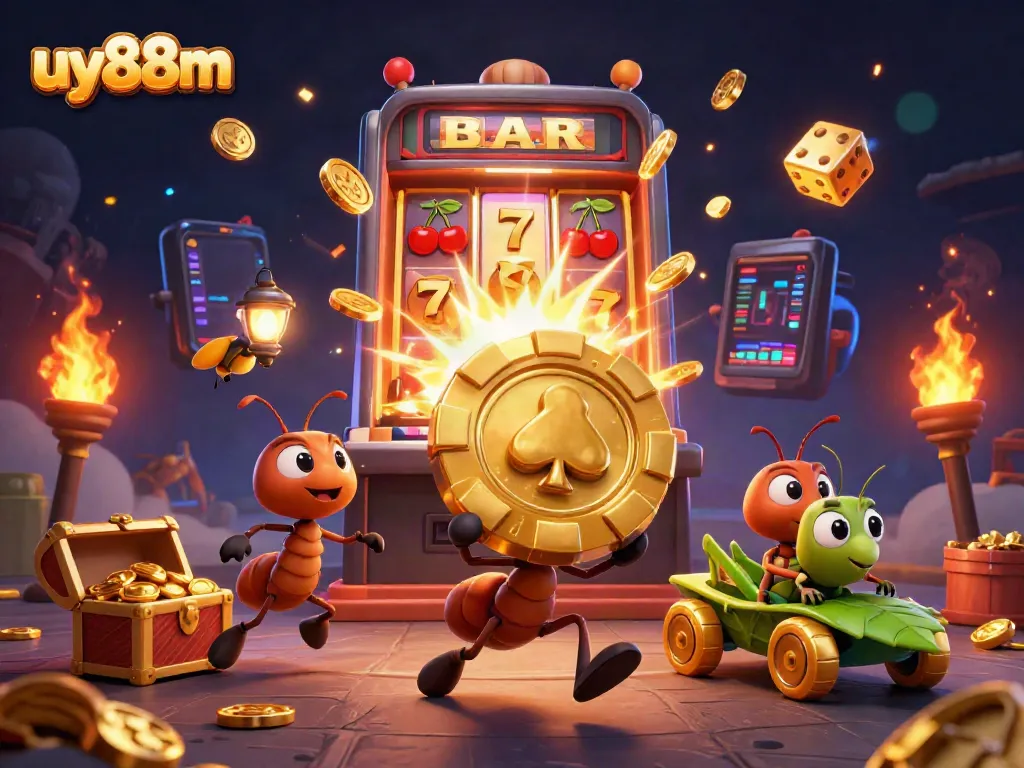Ant team executes a casino heist carrying a massive poker chip in a vibrant, detailed scene, showcasing uy88m.