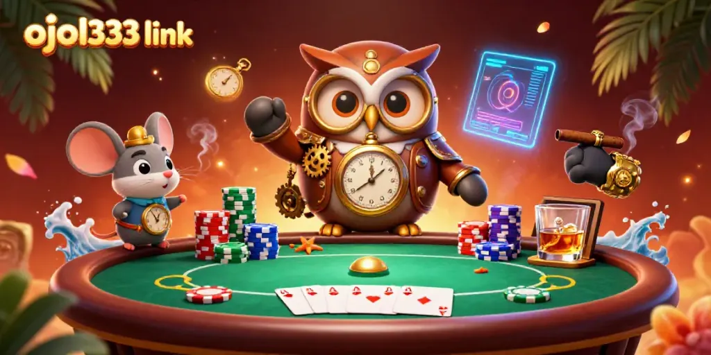 Engage with thrilling poker games at ojol333 link featuring a dynamic illustration of a time-traveling owl and casino elements.