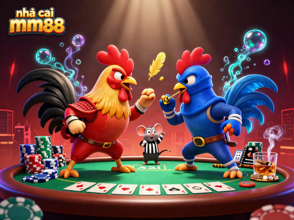 Engage with nhà cái mm88 in an action-packed poker showdown featuring dynamic roosters and vibrant game elements.