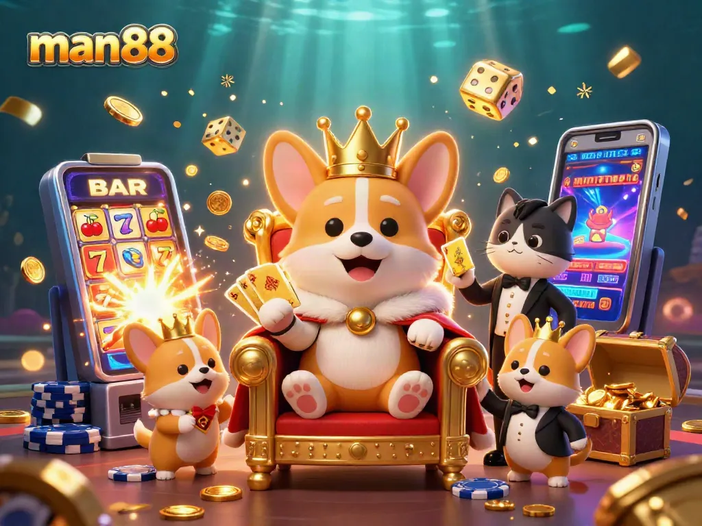 Experience thrilling gaming at man88 with a vibrant 3D illustration of charming characters and casino elements.