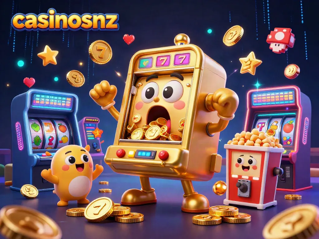 Win big at casinosnz with a vibrant 3D cartoon scene of jubilant slot machines and energetic game elements.