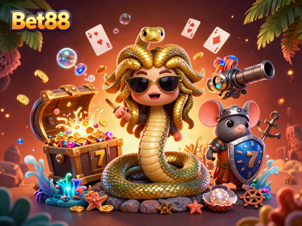 Bet88 online casino illustration featuring a friendly Medusa, golden treasures, and dynamic game elements.