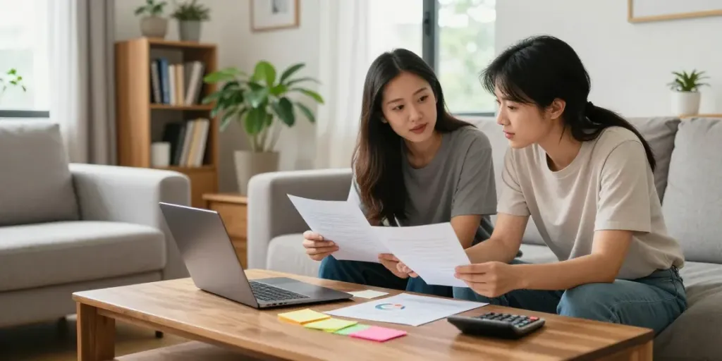 Couple discussing debt recycling strategies in a modern living room.