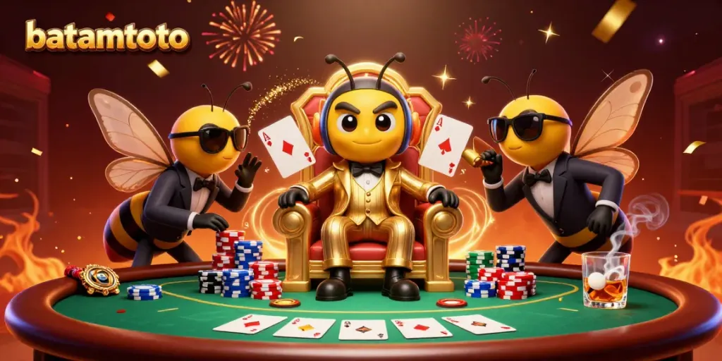 batamtoto animated scene with a bumblebee mob boss and poker elements, showcasing excitement in a casino setting