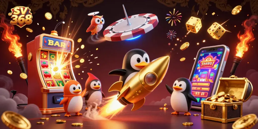 Experience the thrill of sv 368's premiere online gaming with vibrant casino visuals and action-packed elements.