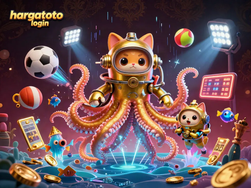 Engage with the hargatoto login experience amidst dynamic sports themes, showcasing a lively casino scene.