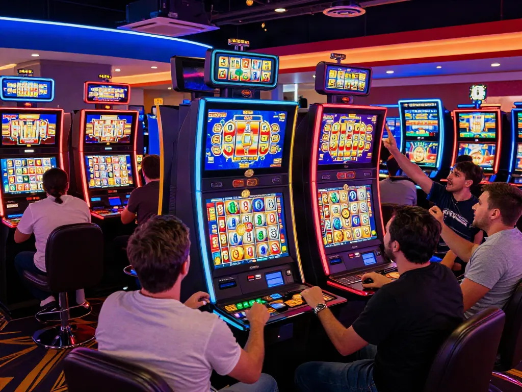 Slot777 di ruang permainan kasino yang ramai, pemain merayakan jackpot dengan keceriaan.