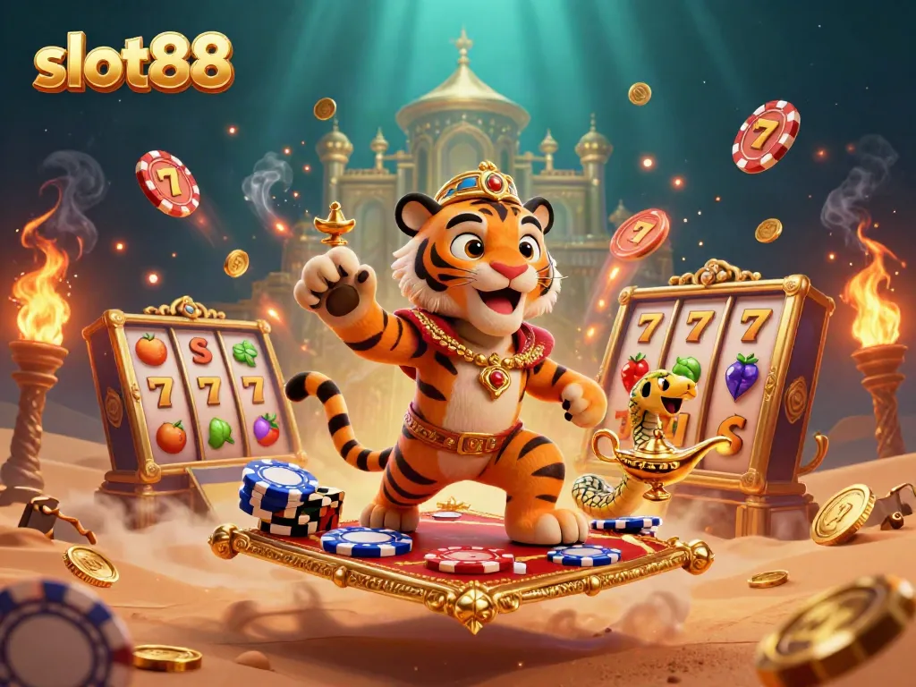 Experience the lively world of slot88 with an illustrated sultan, lively slot reels, and rich casino elements.