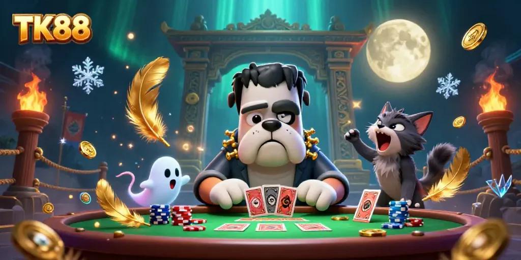 Experience thrilling action at TK88 casino with a cartoon bulldog dealer and captivating game elements.