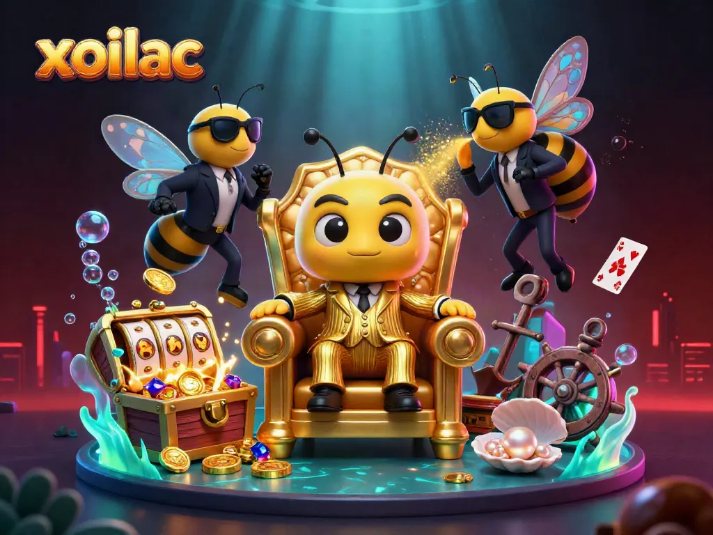 Xoilac casino scene featuring a bumblebee mob boss with slot reels and treasure, creating a thrilling gaming experience.