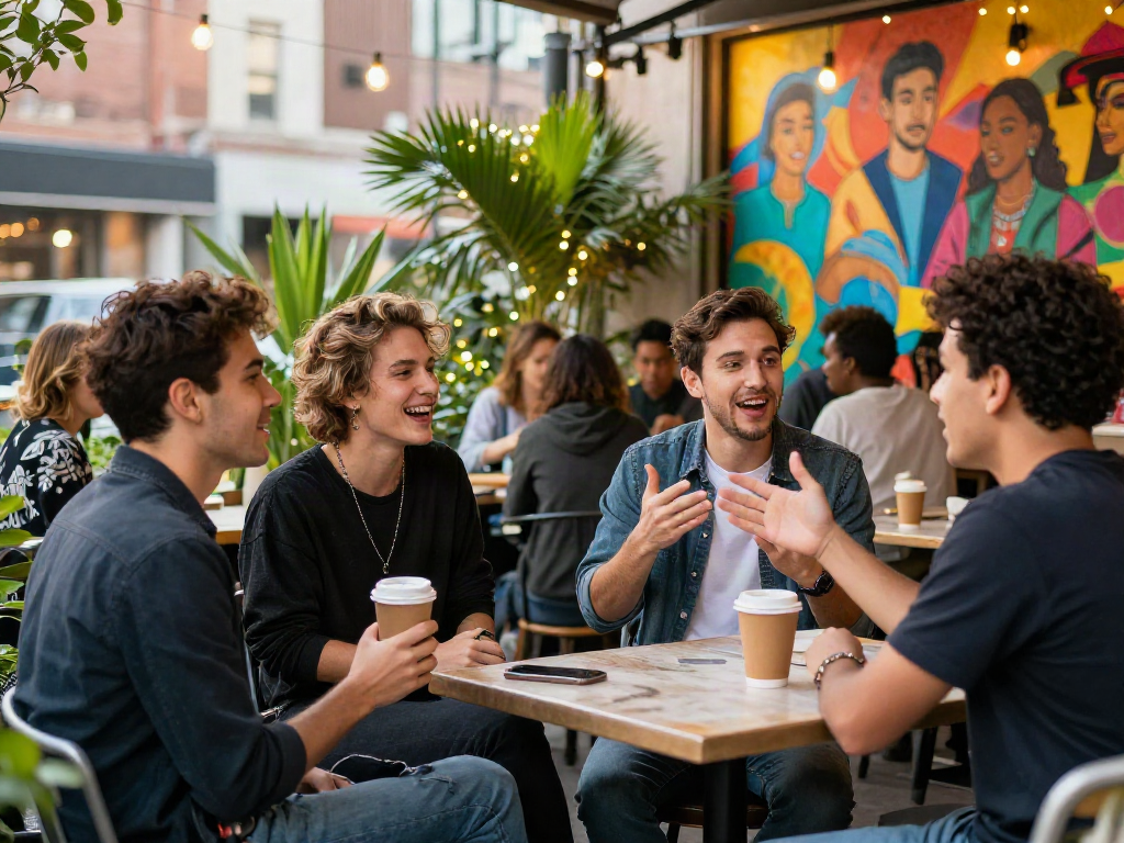 Friends resembling celebrities that look alike in an engaging outdoor café setting, enjoying lively conversation.