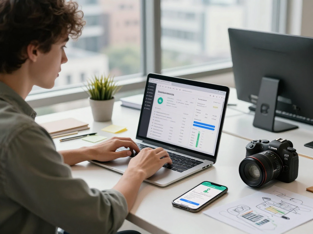 Buy iOS installs with app developer analyzing analytics in a modern workspace