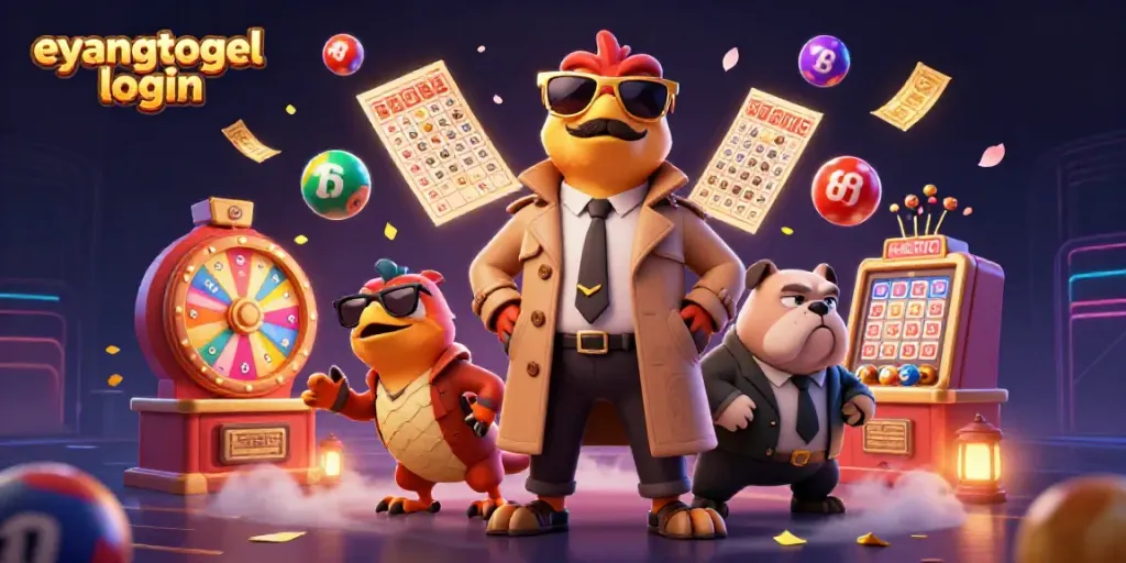 Enjoy the playful eyangtogel login scene with raptors in a trench coat entering a VIP lounge surrounded by colorful lottery elements.