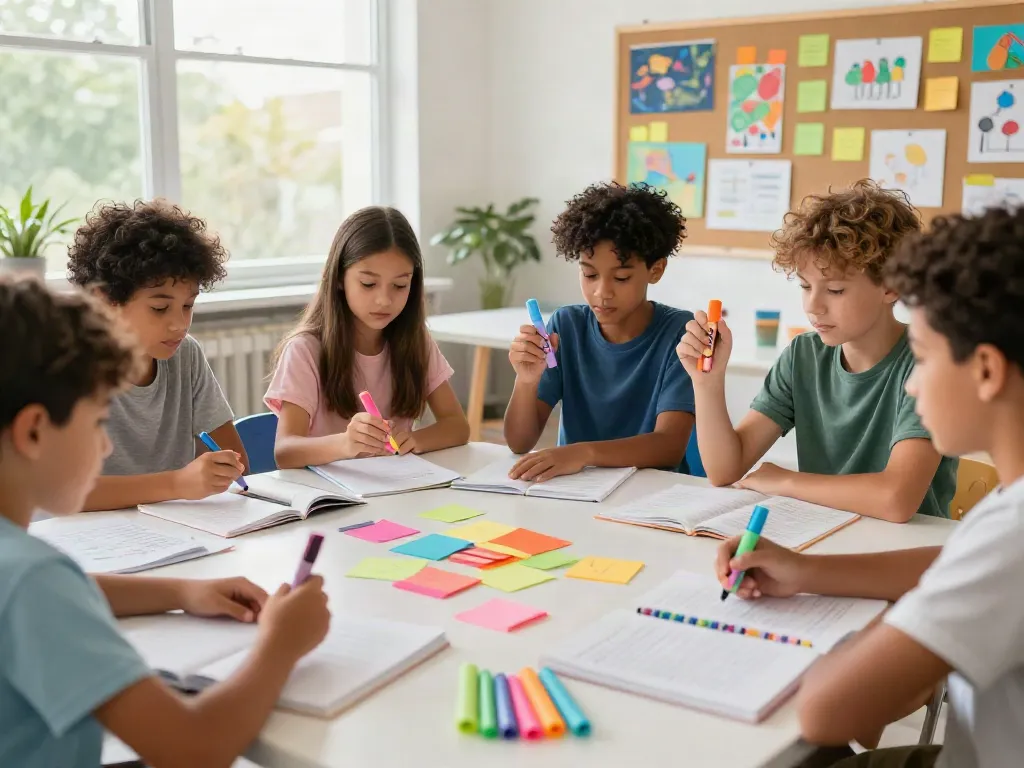 Highlighter pen supplier showcasing vibrant macarons color series pens in a collaborative classroom setting.